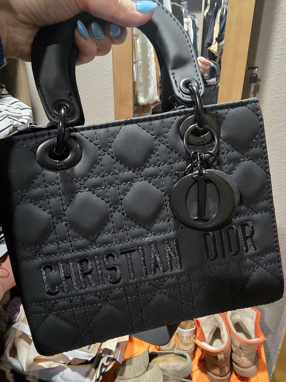 Black Embroidered Lady  Top-Handle Satchel
